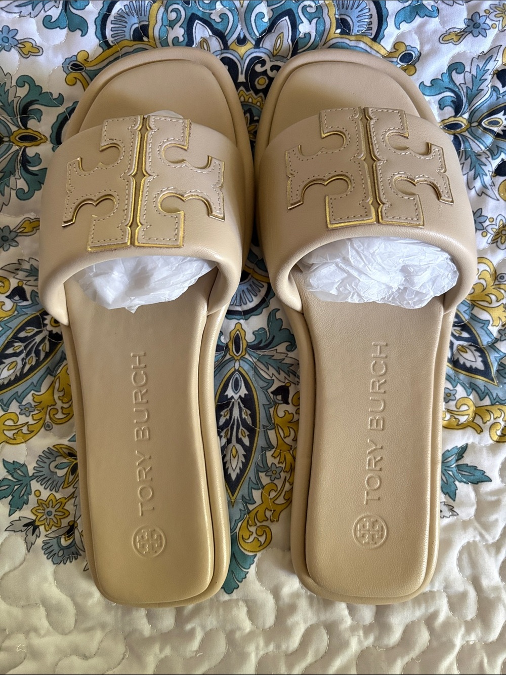 Tory Burch Cream Leather Logo Slide Mules - Picture 6 of 6